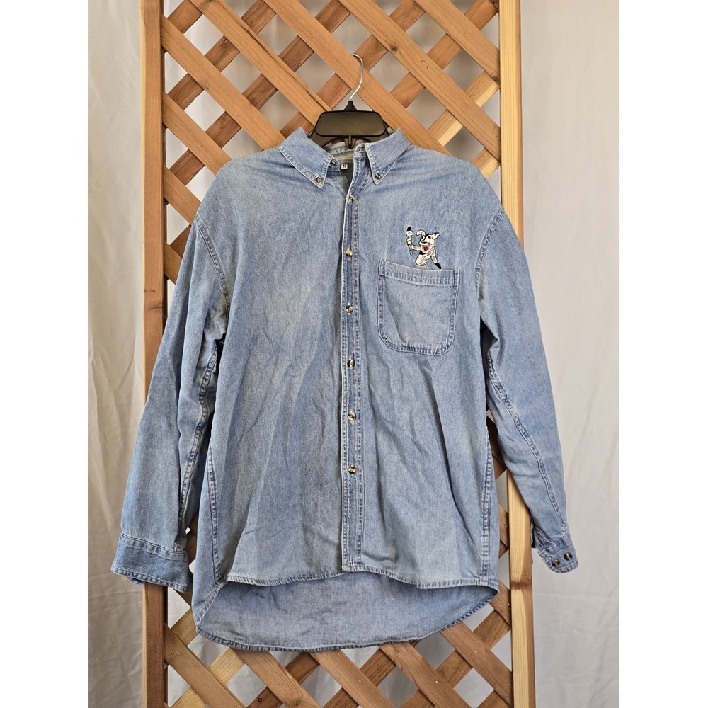 RARE Vtg 90s Pets.com Dog Sock Puppet Promo Denim Shirt Size XL Blue Button Down